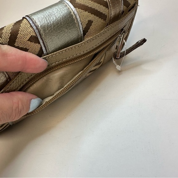 Tignanello Leather & Canvas Trifold Wallet Clutch Monogram T Brown Tan Paisley - Picture 9 of 11